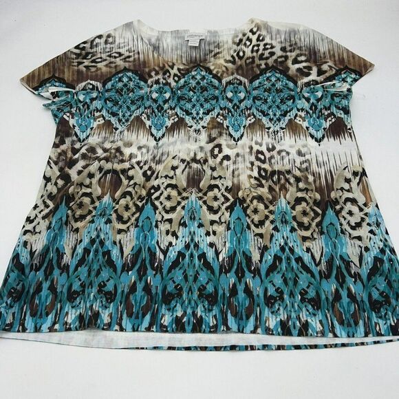 Chico's Zenergy Top Womens Large Brown Teal Animal Print Rhinestone Short Sleeve - Picture 1 of 3